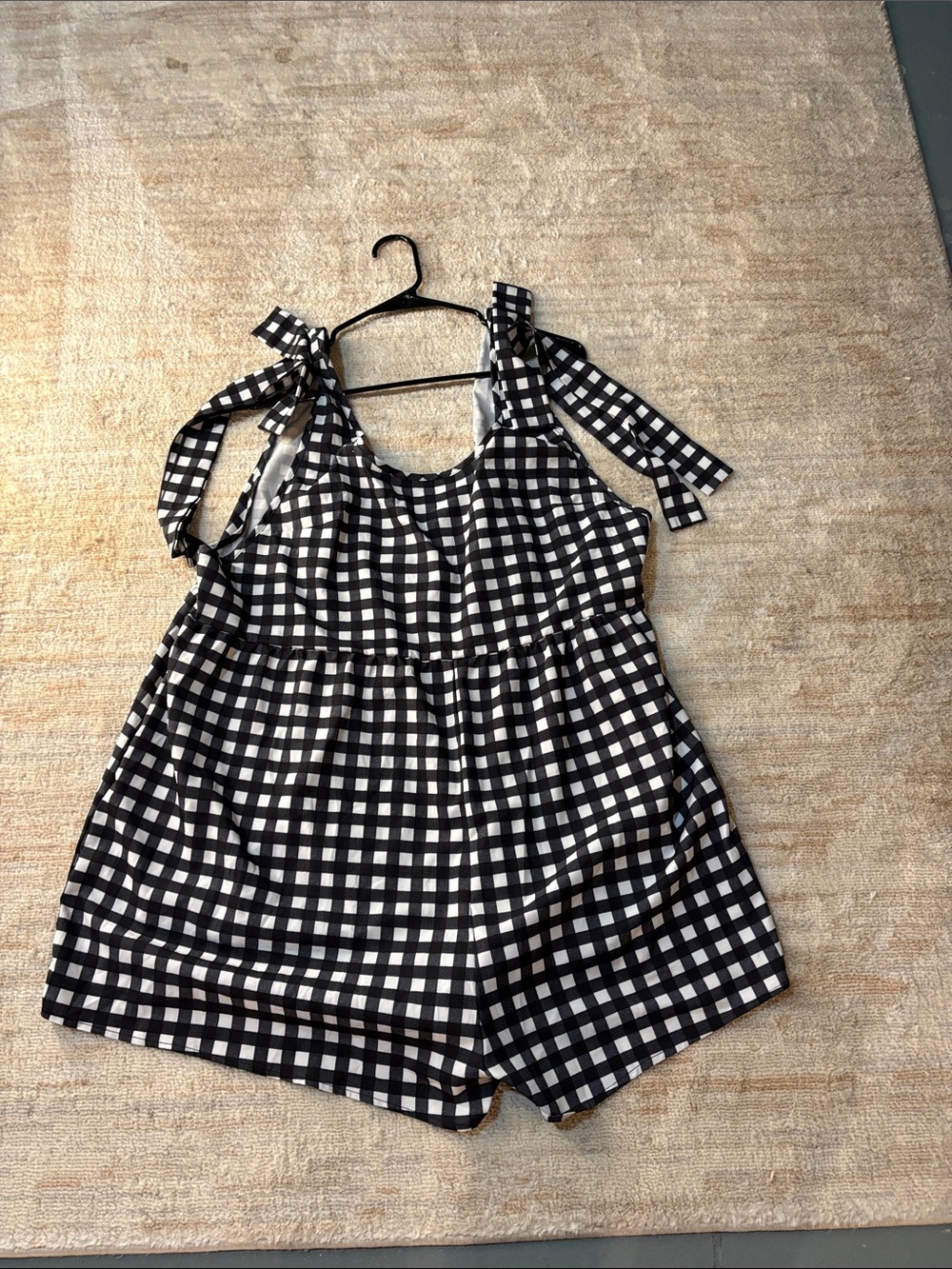 SHEIN Black & White Gingham Romper with Bow Straps and Pockets